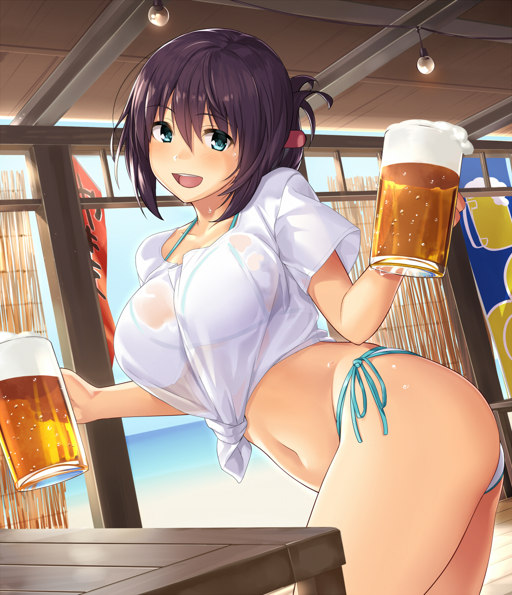 1girl bikini black_hair blue_eyes blush breasts cup folded_ponytail highres large_breasts looking_at_viewer mug navel open_mouth original sawada_yuusuke see-through_silhouette shirt short_hair side-tie_bikini smile solo swimsuit wet wet_clothes wet_shirt