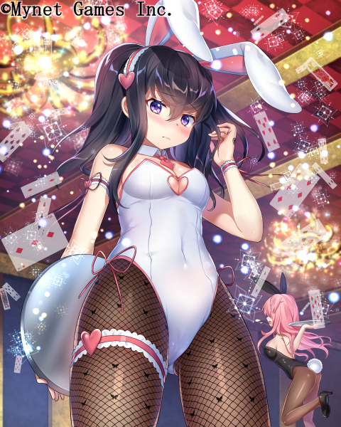 2girls animal_ears blush breasts bunny_tail bunnysuit card chandelier covered_navel detached_collar fake_animal_ears falkyrie_no_monshou fishnet_pantyhose fishnets from_below hanasaki_mahiru high_heels indoors inside leotard long_hair looking_at_viewer multiple_girls official_art pantyhose playing_card rabbit_ears solo_focus tail tray violet_eyes watermark white_leotard wrist_cuffs
