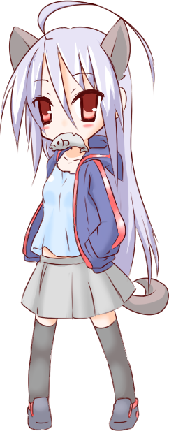 1girl ahoge animal animal_ears bangs black_legwear blue_camisole blue_jacket blush_stickers camisole cat_ears cat_girl cat_tail collarbone commentary_request eyebrows_visible_through_hair fang fish fish_in_mouth grey_footwear grey_skirt hair_between_eyes hands_in_pockets hono hood hood_down hooded_jacket jacket kemonomimi_mode long_hair mouth_hold official_art open_clothes open_jacket pleated_skirt red_eyes shoes silver_hair simple_background skirt solo suguri suguri_(character) tail thigh-highs very_long_hair white_background