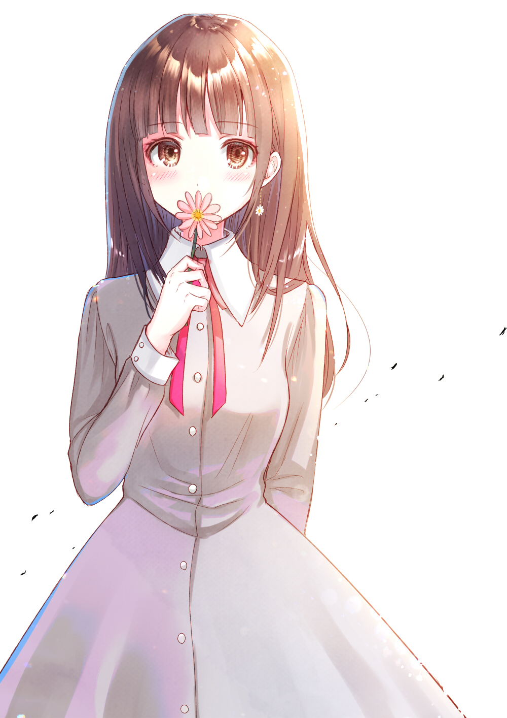 1girl bangs blunt_bangs blush brown_eyes brown_hair collared_dress commentary_request covered_mouth dress eyebrows_visible_through_hair flower grey_dress hand_up highres holding holding_flower kashiwaba_en long_hair long_sleeves looking_at_viewer original pink_flower simple_background solo white_background