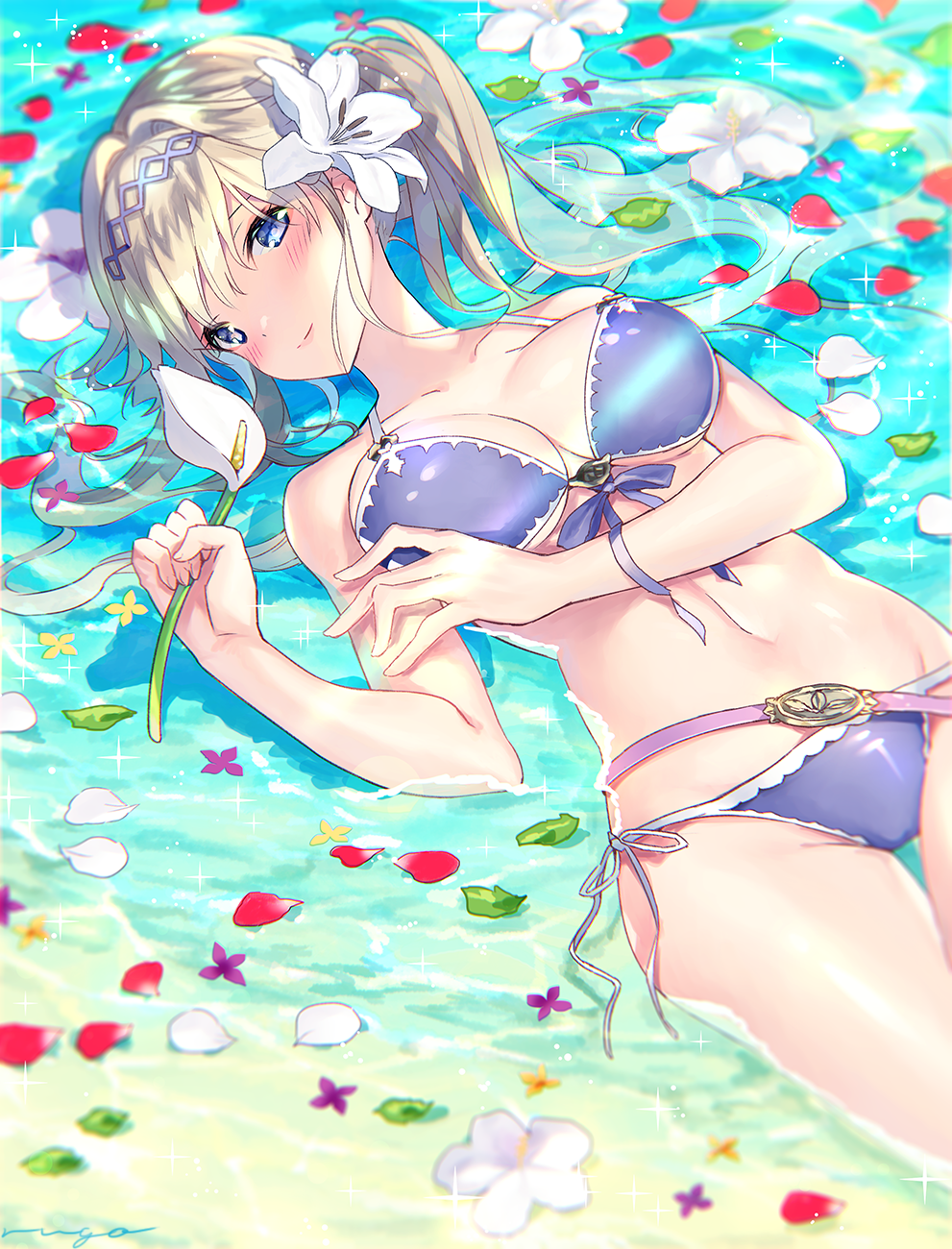 1girl afloat bangs bare_arms bare_shoulders bikini blonde_hair blue_eyes blue_ribbon blurry blush breasts cleavage closed_mouth collarbone depth_of_field dutch_angle flower front-tie_bikini front-tie_top granblue_fantasy groin hair_intakes hairband head_tilt highres holding holding_flower jeanne_d'arc_(granblue_fantasy) leaf long_hair looking_away looking_to_the_side lying medium_breasts navel on_back petals purple_hairband ribbon rugo shallow_water shiny shiny_hair side-tie_bikini smile solo sparkle stomach string_bikini swimsuit thigh_gap twintails water white_flower white_ribbon