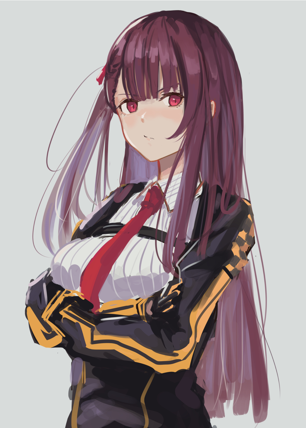1girl bangs black_dress black_gloves blunt_bangs blush breasts closed_mouth crossed_arms dress eyebrows_visible_through_hair frown girls_frontline gloves grey_background hair_ornament hair_ribbon highres long_hair looking_at_viewer necktie red_eyes red_neckwear ribbon shirt side_ponytail simple_background solo standing straight_hair striped striped_shirt takagaki_eru upper_body very_long_hair wa2000_(girls_frontline) white_shirt