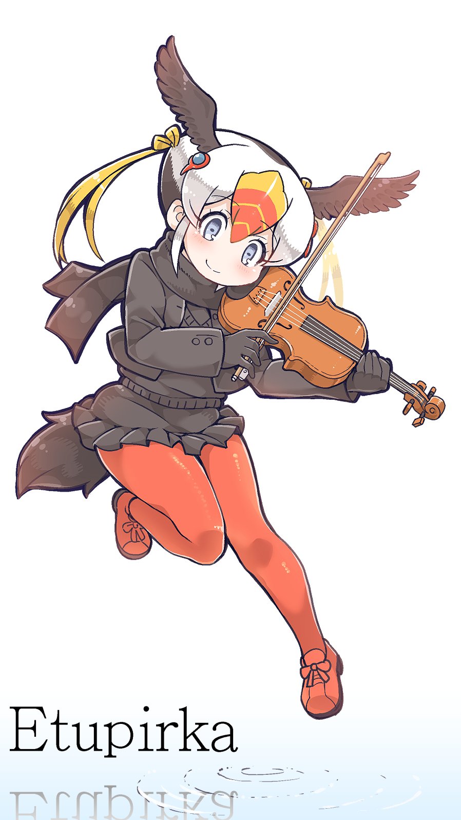 1girl bird_tail bird_wings black_hair blonde_hair blue_eyes blush commentary eyebrows_visible_through_hair gloves head_wings highres instrument jacket kemono_friends long_sleeves multicolored_hair music pantyhose playing_instrument pleated_skirt red_legwear redhead scarf short_hair skirt solo standing standing_on_one_leg sweater tanaka_kusao tufted_puffin_(kemono_friends) violin white_hair wings