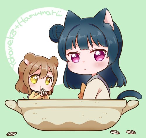 2girls :&lt; :t animal_ears aqua_background bangs blue_hair blush bow bowtie brown_hair cat_ears cat_tail character_name commentary eating food hamster_ears holding holding_food in_pot izumi_kirifu kemonomimi_mode kunikida_hanamaru long_hair long_sleeves looking_at_viewer love_live! love_live!_sunshine!! lowres multiple_girls pot school_uniform seed serafuku side_bun sunflower_seed symbol_commentary tail tsushima_yoshiko uranohoshi_school_uniform violet_eyes yellow_eyes yellow_neckwear