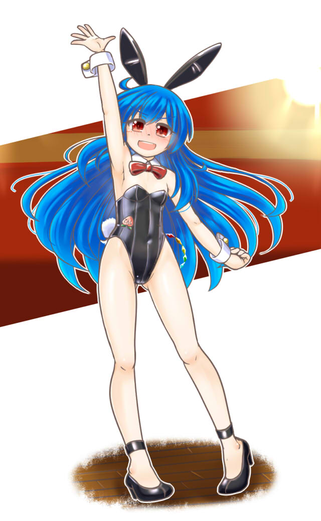 1girl animal_ears arm_up black_footwear black_leotard blue_hair bow bowtie bunny_girl bunny_tail bunnysuit covered_navel detached_collar flat_chest full_body hinanawi_tenshi leotard long_hair mail_(mail_gell) rabbit_ears red_eyes red_neckwear solo strapless strapless_leotard tail touhou wrist_cuffs