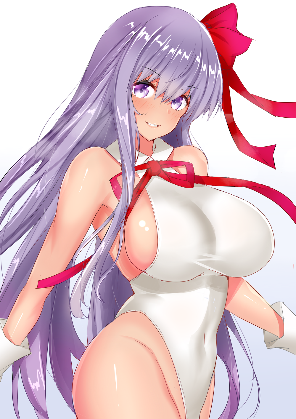1girl bangs bb_(fate)_(all) bb_(swimsuit_mooncancer)_(fate) blush breasts covered_navel fate/extra fate/extra_ccc fate/grand_order fate_(series) gloves grin hair_ribbon highleg highleg_leotard highres hips large_breasts leotard long_hair looking_at_viewer neck_ribbon purple_hair red_ribbon ribbon sankakusui shiny shiny_hair shiny_skin sideboob simple_background smile solo tan violet_eyes waist white_background white_gloves white_leotard