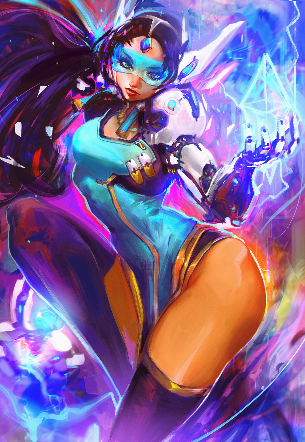 1girl andres_blanco black_hair black_legwear blue_dress breasts brown_eyes commentary cyborg dark_skin dress earrings english_commentary forehead_jewel headgear highres hologram jewelry lips long_hair looking_at_viewer mechanical_arm nose overwatch pelvic_curtain small_breasts solo symmetra_(overwatch) thigh-highs thighs visor