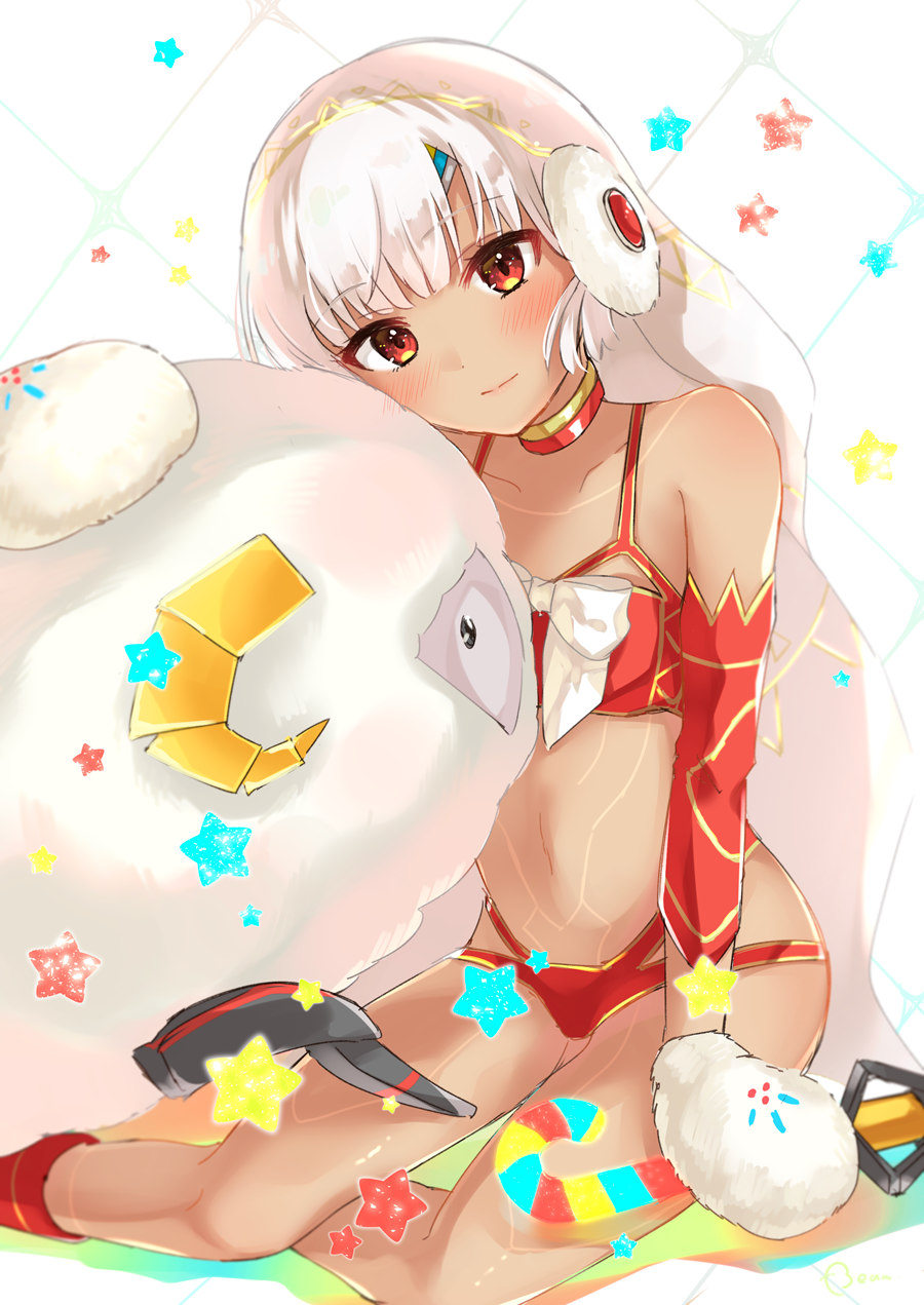 1girl altera_(fate) altera_the_santa bare_shoulders blush boots choker closed_mouth collarbone dark_skin detached_sleeves earmuffs eyebrows_visible_through_hair fate/grand_order fate_(series) feet_out_of_frame full_body_tattoo gloves headdress highres hiyoko_biimu legs looking_at_viewer midriff navel photon_ray red_eyes revealing_clothes sheep shiny shiny_hair short_hair smile solo tan tattoo thighs veil white_hair