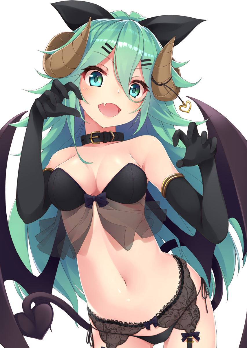 1girl black_bra black_gloves black_panties blush bra breasts demon_girl demon_horns demon_tail demon_wings elbow_gloves eyebrows_visible_through_hair gloves green_eyes green_hair hair_between_eyes hair_ornament hairclip highres horns kantai_collection long_hair looking_at_viewer medium_breasts mofu_namako open_mouth panties simple_background solo succubus tail underwear white_background wings yamakaze_(kantai_collection)