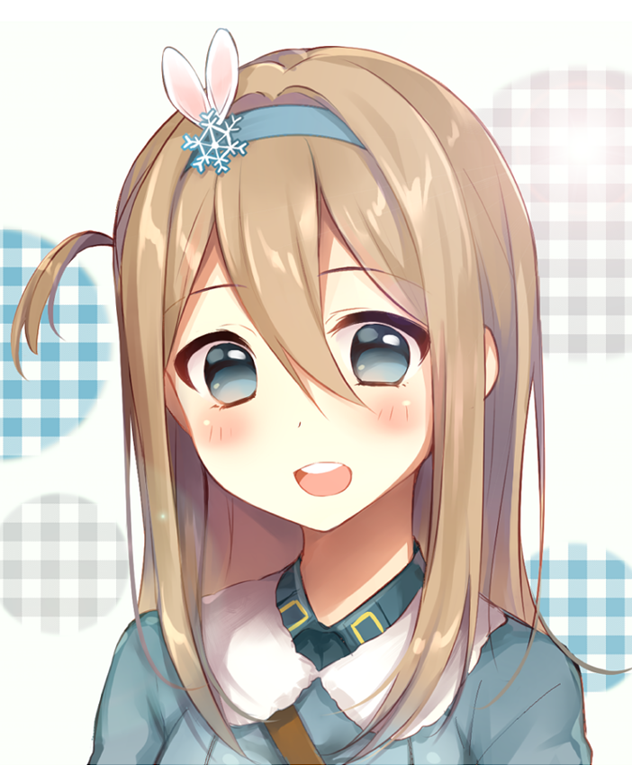 1girl :d bangs blue_eyes blue_hairband blue_jacket blush eyebrows_visible_through_hair girls_frontline hair_between_eyes hair_ornament hairband head_tilt jacket leafwow light_brown_hair long_hair looking_at_viewer one_side_up open_mouth plaid portrait smile snowflake_hair_ornament solo suomi_kp31_(girls_frontline) white_background