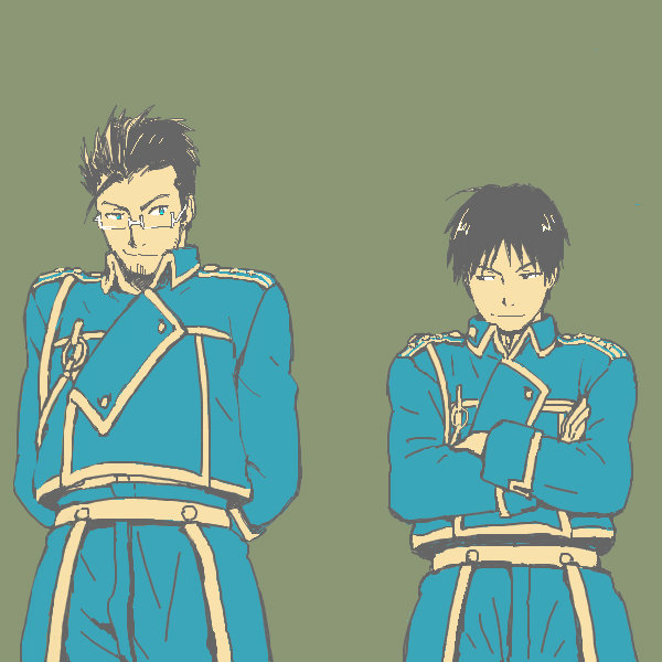 2boys amestris_military_uniform arms_behind_back beard black_eyes black_hair blue_eyes crossed_arms facial_hair fullmetal_alchemist glasses grey_background height_difference looking_at_another maes_hughes male_focus mattsu military military_uniform multiple_boys roy_mustang short_hair side-by-side simple_background smile standing uniform upper_body