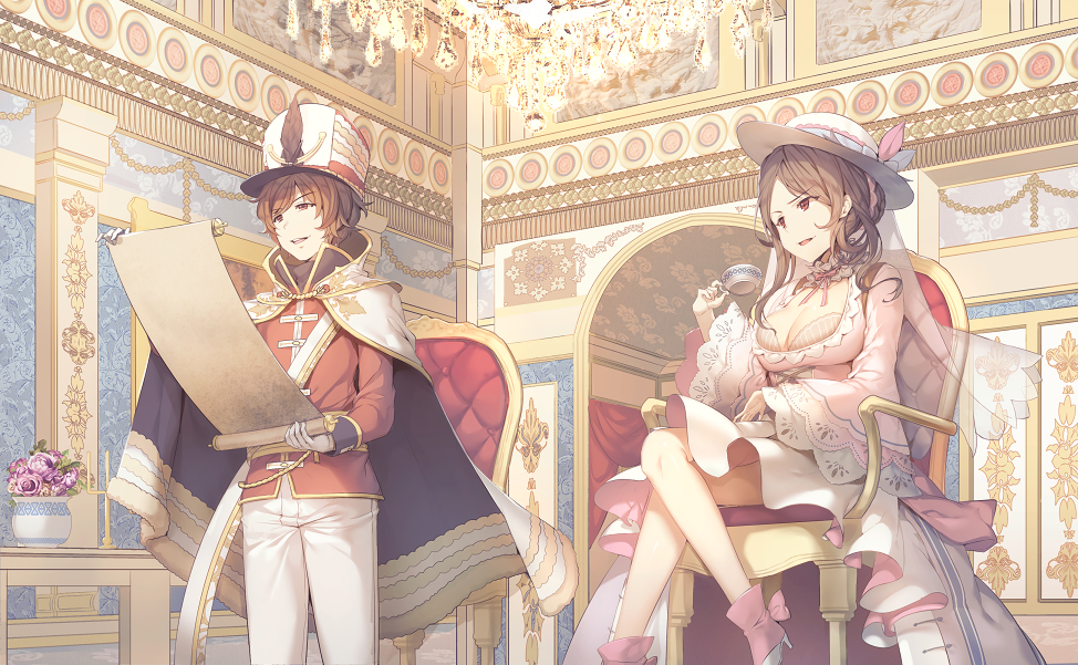 1boy 1girl aile_(crossroads) black_tea breasts brown_hair candle candlestand cape chair chandelier cleavage copyright_request cup dress gloves gold_trim hat hat_feather indoors legs_crossed medium_breasts military military_uniform official_art pants pink_dress pink_footwear scroll see-through sitting standing tea teacup uniform vase white_cape white_gloves white_hat white_pants