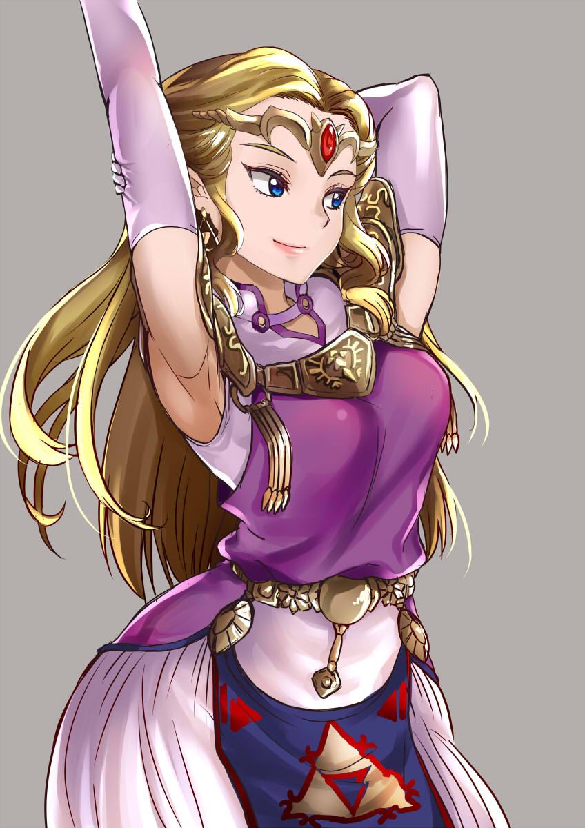 1girl armpits belt blonde_hair dress earrings elbow_gloves elf forehead_jewel gloves highres jewelry kaorihero long_hair looking_to_the_side pointy_ears princess_zelda simple_background smile solo stretch the_legend_of_zelda the_legend_of_zelda:_ocarina_of_time