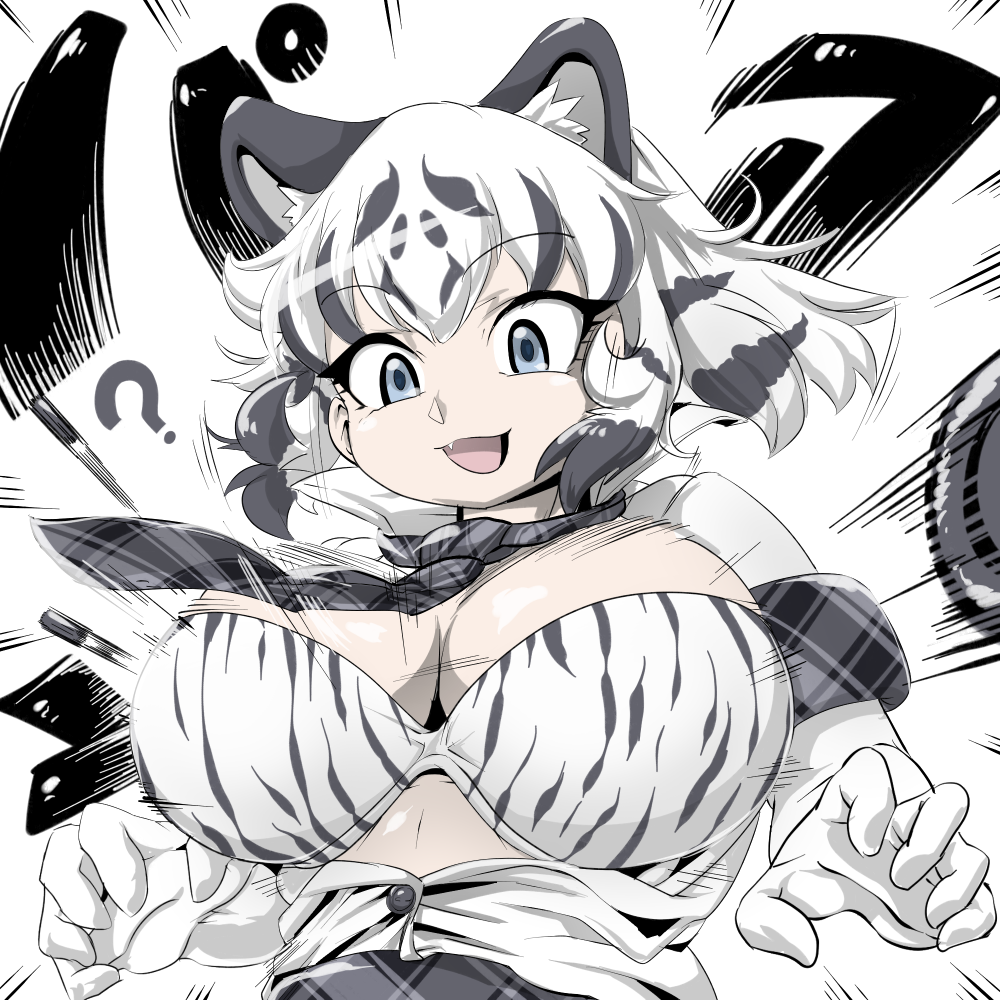 1girl ? animal_ear_fluff animal_ears bangs blue_eyes bra breasts bursting_breasts buttons collared_shirt commentary_request extra_ears eyebrows_visible_through_hair fang flying_button gloves grey_hair huge_breasts kemono_friends looking_at_viewer multicolored_hair necktie open_clothes open_mouth open_shirt plaid plaid_neckwear plaid_sleeves popped_button print_bra print_shirt shirt short_hair short_sleeves sidelocks smile solo sound_effects speed_lines tiger_ears two-tone_hair underwear upper_body wardrobe_malfunction white_gloves white_hair white_tiger_(kemono_friends) white_tiger_print zetsu_(zyej5442)