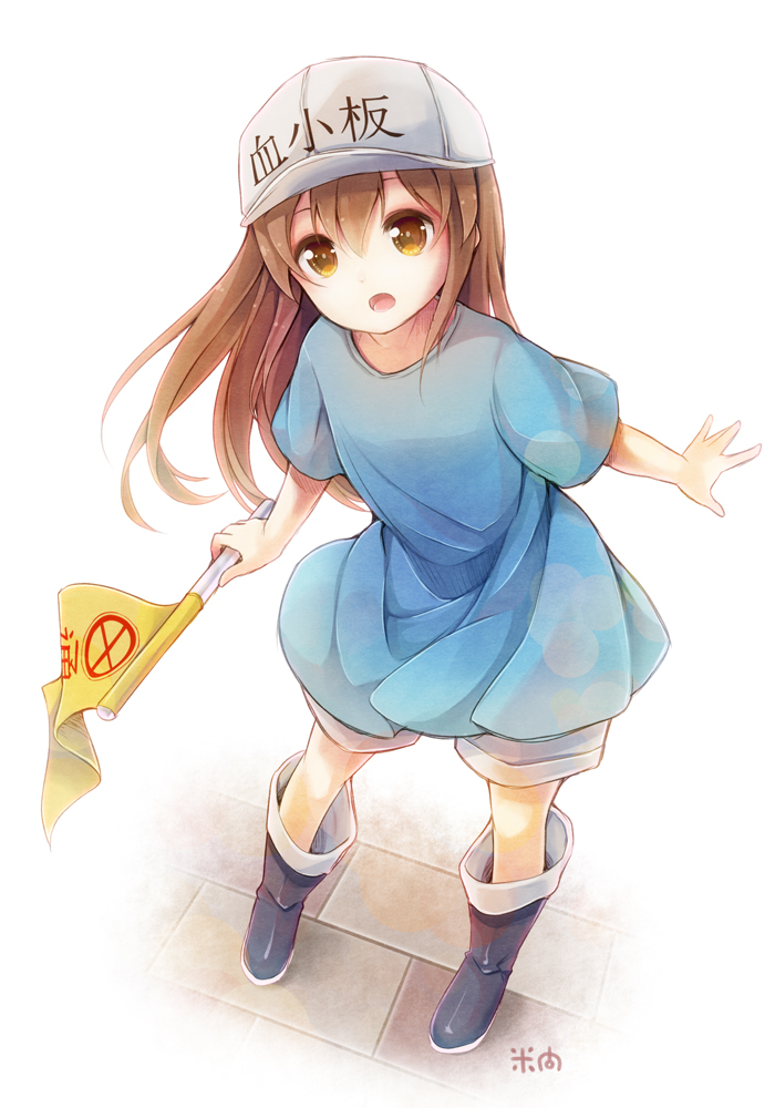 1girl black_footwear blue_shirt blush boots brown_eyes brown_hair character_name commentary_request dutch_angle flag flat_cap grey_hat grey_shorts hat hataraku_saibou holding holding_flag leaning_to_the_side long_hair open_mouth platelet_(hataraku_saibou) shirt short_shorts short_sleeves shorts solo standing very_long_hair white_background yonema