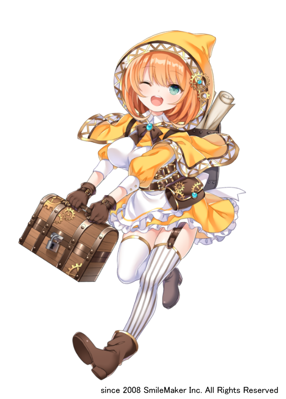 1girl 2018 ;d apron bag bangs boots breasts brown_footwear brown_gloves capelet commentary_request copyright_request dress eyebrows_visible_through_hair frilled_apron frilled_dress frills full_body gloves green_eyes hair_between_eyes holding hood hood_up hooded_capelet large_breasts long_sleeves mismatched_legwear narusegawa_riko official_art one_eye_closed open_mouth orange_capelet orange_dress orange_hair puffy_long_sleeves puffy_sleeves round_teeth satchel simple_background smile solo standing standing_on_one_leg striped striped_legwear teeth thigh-highs treasure_chest upper_teeth vertical-striped_legwear vertical_stripes waist_apron white_apron white_background white_legwear