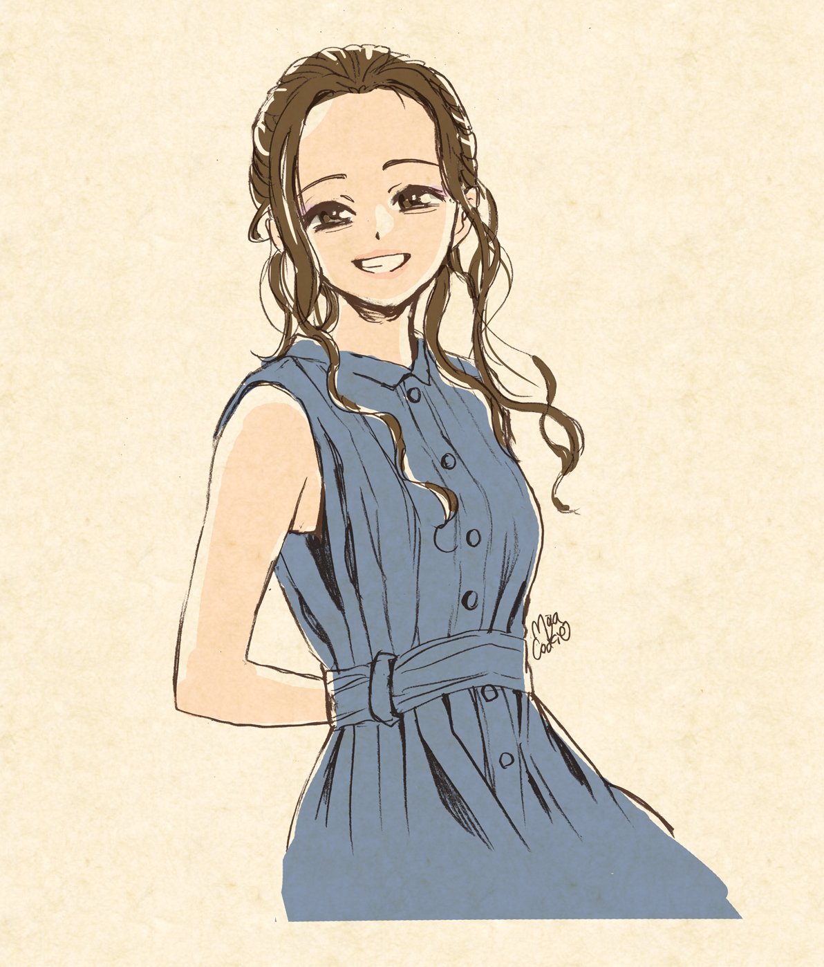 1girl arms_behind_back beige_background blue_dress brown_eyes brown_hair collar derivative_work dress grin head_tilt highres long_hair looking_at_viewer mojacookie original portrait real_life signature sleeveless smile solo upper_body