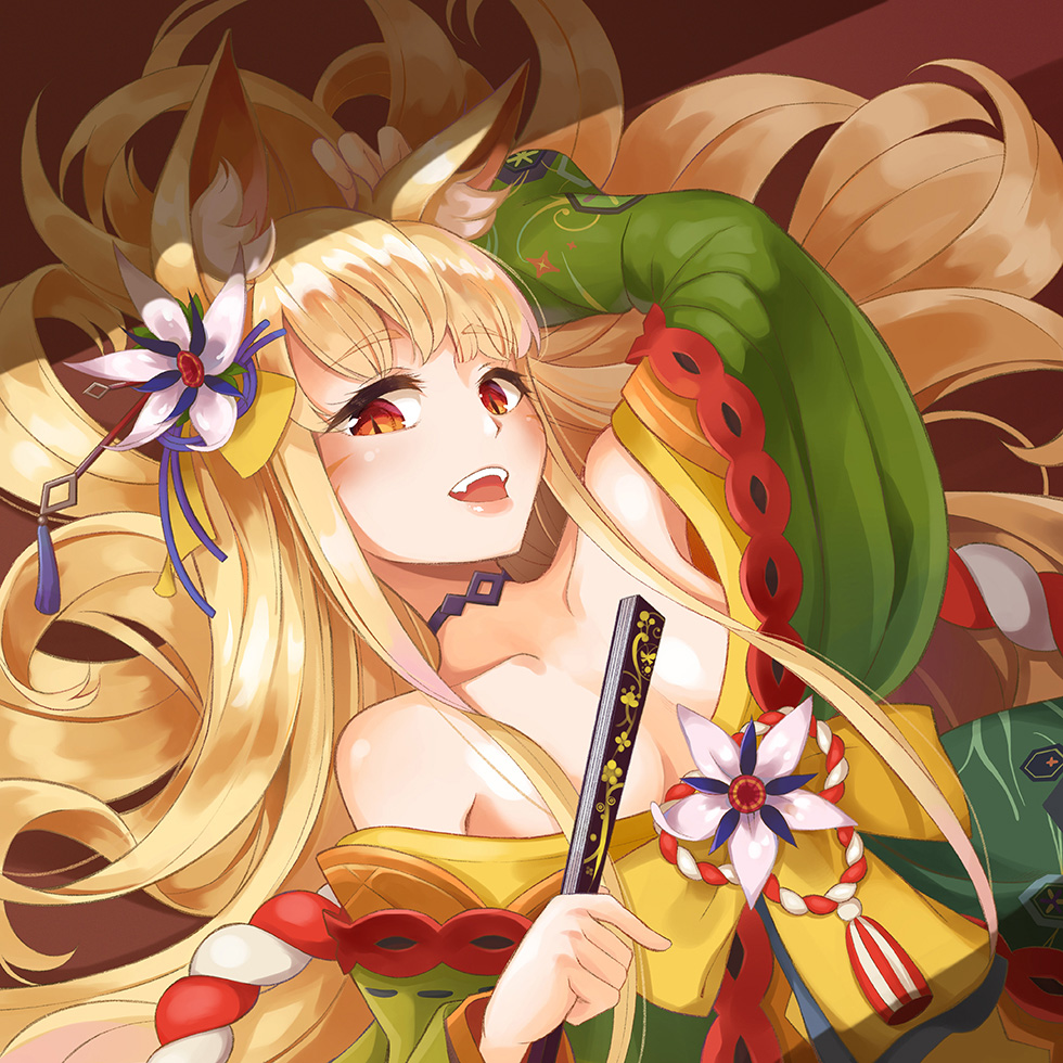 1girl 7eddy :d animal_ear_fluff animal_ears arm_up bangs bare_shoulders blonde_hair breasts choker cleavage eyebrows_visible_through_hair fan flower fox_ears hair_flower hair_ornament hair_stick izumi_(sdorica_-sunset-) japanese_clothes kimono long_hair looking_at_viewer open_mouth paper_fan red_eyes sdorica_-sunset- smile solo upper_body whisker_markings wide_sleeves