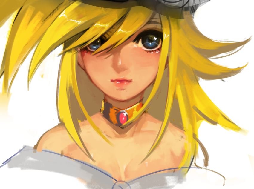 1girl bangs bare_shoulders big_hair blonde_hair blue_eyes blush breasts cleavage closed_mouth collarbone commentary_request dark_magician_girl duel_monster eyelashes gem gold_trim hair_over_one_eye hat jewelry lips long_hair looking_at_viewer neck_ring simple_background solo spiky_hair swept_bangs upper_body white_background wizard_hat yu-gi-oh! yuu-gi-ou yuu-gi-ou_duel_monsters