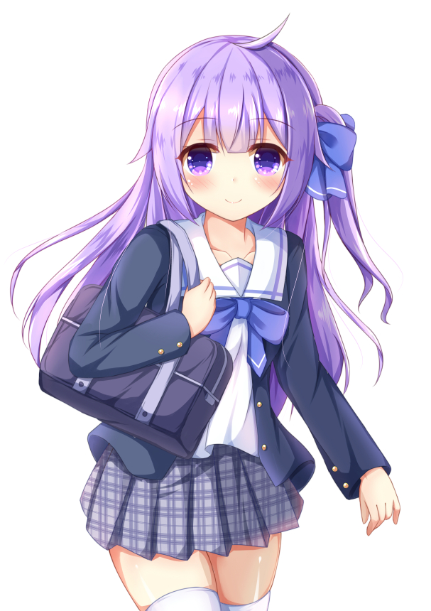 1girl ahoge azur_lane bag bangs black_jacket blazer blue_bow blush bow closed_mouth collarbone commentary_request cowboy_shot eyebrows_visible_through_hair grey_skirt hair_between_eyes hair_bow hair_bun jacket kedama_(kedama_akaza) long_hair long_sleeves looking_at_viewer one_side_up open_blazer open_clothes open_jacket plaid plaid_skirt pleated_skirt purple_hair school_bag school_uniform shirt side_bun simple_background skirt smile solo unicorn_(azur_lane) very_long_hair violet_eyes white_background white_shirt