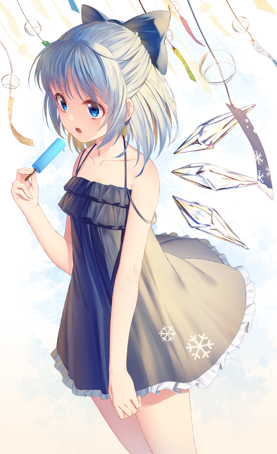 1girl bangs bare_shoulders black_dress blue_bow blue_eyes blue_hair bow cirno collarbone commentary_request dress eyebrows_visible_through_hair fingernails food frilled_dress frills hair_bow highres holding holding_food ice ice_wings ji_dao_ji parted_lips popsicle print_dress sleeveless sleeveless_dress snowflake_print solo strap_slip touhou upper_teeth wind_chime wings