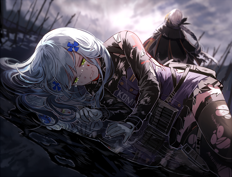 2girls bangs black_legwear black_ribbon blonde_hair blunt_bangs braid breasts clothes_writing clouds cloudy_sky corruption crying crying_with_eyes_open day facial_mark floating_hair german_flag girls_frontline gloves green_eyes hair_ornament hair_ribbon half-closed_eyes hk416_(girls_frontline) iron_cross jacket long_hair lying m16a1_(girls_frontline) medium_breasts multicolored_hair multiple_girls on_ground on_side outdoors parted_lips pouch puddle rain ribbon sangvis_ferri silence_girl silver_hair single_braid sky spoilers streaked_hair teardrop tears thigh-highs thigh_strap torn_clothes torn_jacket torn_legwear very_long_hair walking_away white_hair wind wind_lift