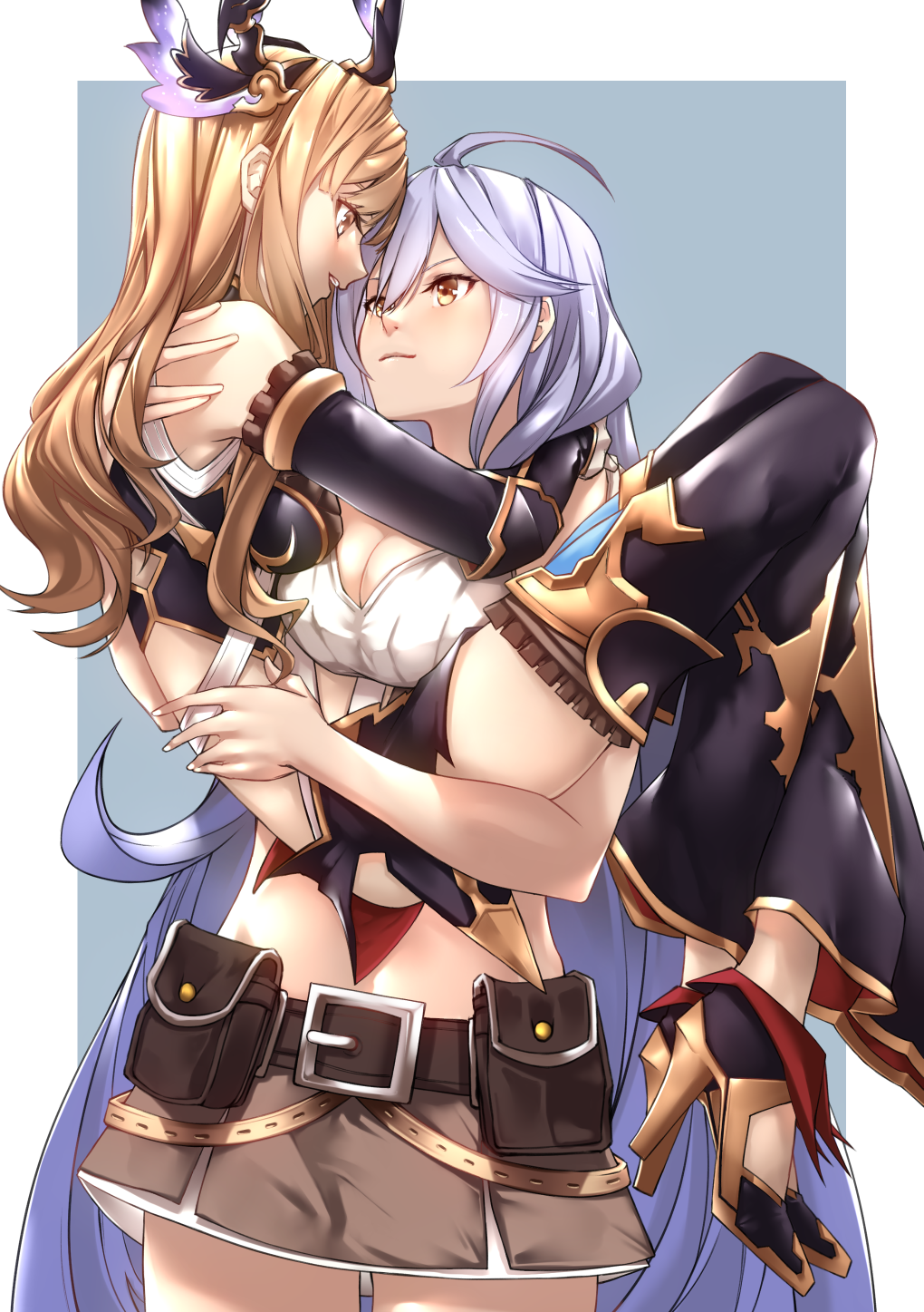 2girls ahoge bare_shoulders belt black_legwear blush border braid breasts brown_eyes cape carrying cleavage collarbone commentary_request cowboy_shot crop_top detached_sleeves eye_contact eyebrows_visible_through_hair granblue_fantasy hair_between_eyes hair_ornament hairband head_wings high_heels highres large_breasts light_brown_hair long_hair long_sleeves looking_at_another midriff miniskirt multiple_girls navel open_mouth outline outside_border princess_carry shirt silva_(granblue_fantasy) silver_hair simple_background skirt sleeveless sleeveless_shirt song_(granblue_fantasy) soruna_(nell) standing thigh-highs thighs twin_braids very_long_hair wavy_hair white_shirt yellow_eyes yuri