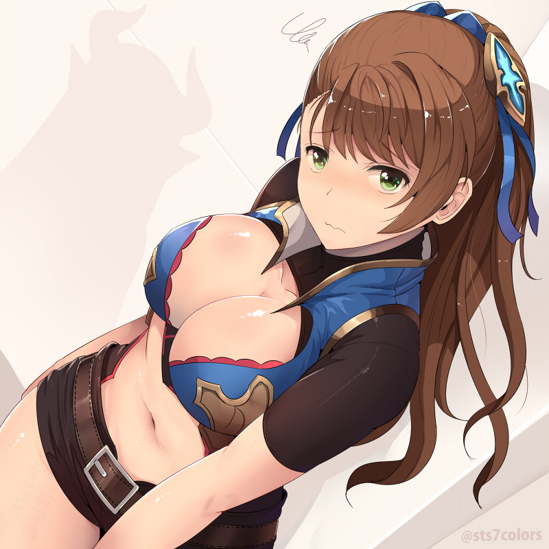 1girl artist_name beatrix_(granblue_fantasy) belt belt_buckle blue_ribbon blue_vest blush bodysuit breasts brown_hair buckle center_opening cleavage closed_mouth cowboy_shot dutch_angle eyebrows eyebrows_visible_through_hair frown granblue_fantasy green_eyes hair_ribbon hand_on_hip large_breasts long_hair looking_at_viewer midriff navel open_clothes open_vest revealing_clothes revision ribbon shiny shiny_skin short_shorts short_sleeves shorts silhouette solo squiggle standing sts tareme thighs vest wavy_mouth