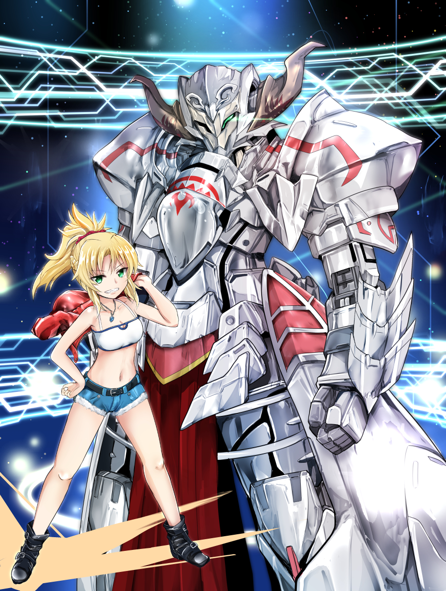 1girl blonde_hair boots braid breasts cleavage commentary_request cutoff_jeans cutoffs fate/grand_order fate_(series) french_braid green_eyes grin hair_ornament hair_scrunchie hand_on_hip highres holding holding_jacket horns jacket jacket_over_shoulder jewelry kagitsume mecha medium_hair midriff mordred_(fate) mordred_(fate)_(all) navel necklace ponytail scrunchie short_shorts shorts small_breasts smile solo spiky_hair