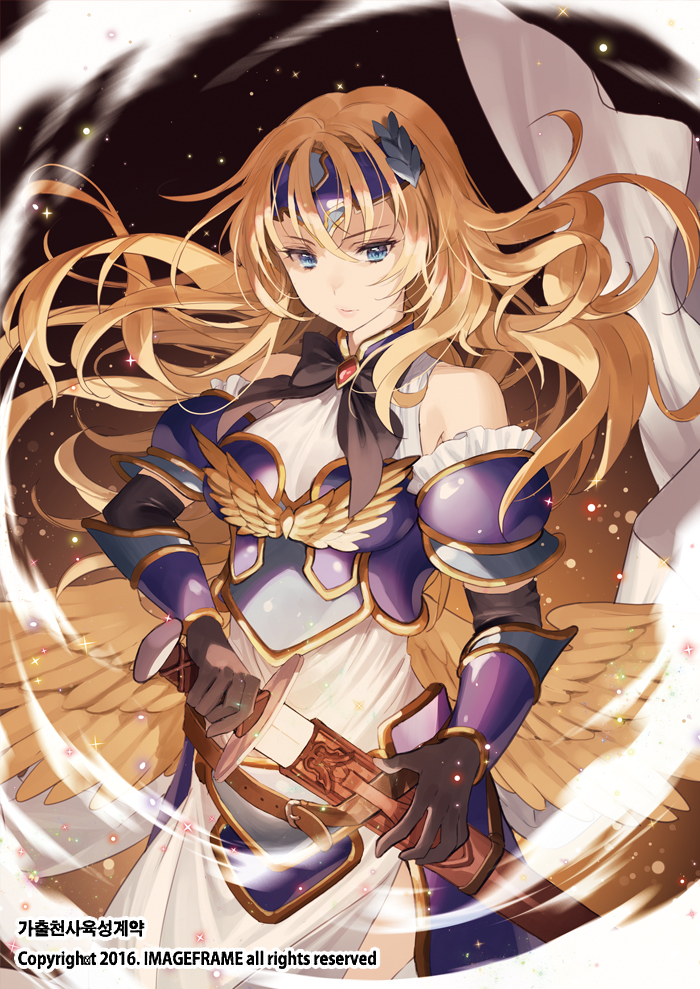 1girl angel_wings armor bangs black_gloves blue_eyes blue_headband copyright_request dated detached_sleeves elbow_gloves gloves headband ice_(ice_aptx) looking_at_viewer official_art sheath solo sword unsheathing watermark weapon wind wings