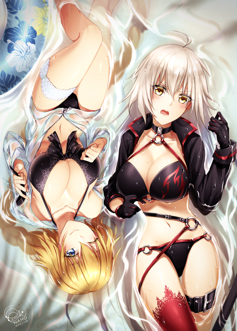 2018 2girls ;) ahoge artist_name bambi_nano bikini black_bikini black_gloves black_jacket blonde_hair blue_eyes blush braid breasts cleavage collarbone dated eyebrows_visible_through_hair fate/grand_order fate_(series) from_above gloves hair_between_eyes jacket jeanne_d'arc_(alter_swimsuit_berserker) jeanne_d'arc_(fate)_(all) jeanne_d'arc_(swimsuit_archer) large_breasts long_hair looking_at_viewer lying multiple_girls navel on_back one_eye_closed open_clothes open_jacket open_mouth print_bikini red_legwear silver_hair single_braid smile swimsuit thigh-highs thigh_strap unzipped very_long_hair wet_jacket white_jacket yellow_eyes