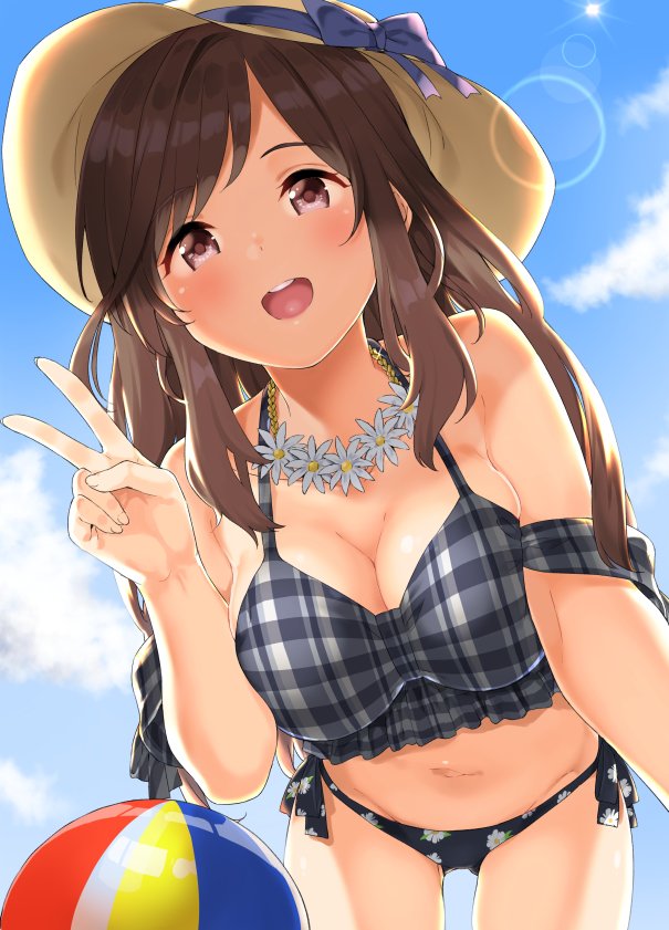 1girl ball beachball blue_bow blue_sky blush bow breasts brown_eyes brown_hair cleavage clouds commentary_request cowboy_shot flower flower_necklace from_below hat jewelry large_breasts lens_flare long_hair looking_at_viewer mamedenkyuu_(berun) necklace open_mouth original sky smile sun sun_hat swimsuit v