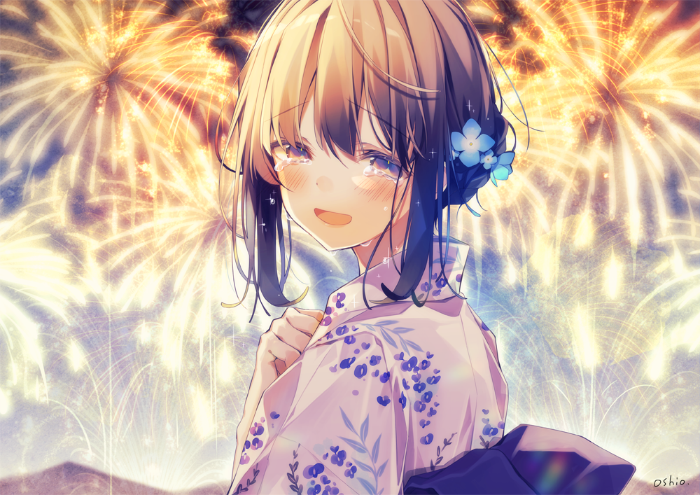 1girl :d aerial_fireworks blue_flower blush bow brown_hair commentary_request crying crying_with_eyes_open fireworks floral_print flower hair_flower hair_ornament hand_up happy_tears japanese_clothes kimono looking_at_viewer looking_to_the_side open_mouth original oshio_(dayo) outdoors print_kimono purple_bow sidelocks signature smile solo tears white_kimono yukata