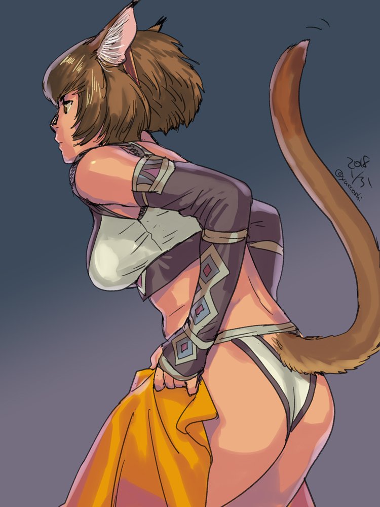 1girl 2018 animal_ear_fluff animal_ears ass bare_shoulders blue_background breasts brown_eyes brown_hair cat_ears cat_girl cat_tail closed_mouth clothing_cutout commentary_request crop_top dated elbow_gloves final_fantasy final_fantasy_xi fingerless_gloves from_side gloves gradient gradient_background grey_background grey_gloves hairband medium_breasts midriff mithra_(ff11) motion_lines panties short_hair signature simple_background solo tail tail_cutout tail_raised twitter_username underwear white_panties yuccoshi