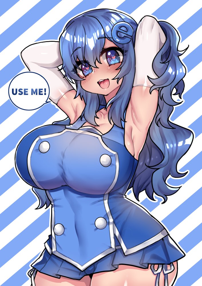 1girl armpits arms_behind_head arms_up bangs blue_eyes blue_hair blush breasts covered_navel cowboy_shot curvy elbow_gloves english eyebrows_visible_through_hair gloves hair_between_eyes hair_ornament heart heart-shaped_pupils huge_breasts internet_explorer long_hair looking_at_viewer microskirt open_mouth original osiimi personification skirt sleeveless smile solo speech_bubble striped striped_background symbol-shaped_pupils thick_thighs thighs