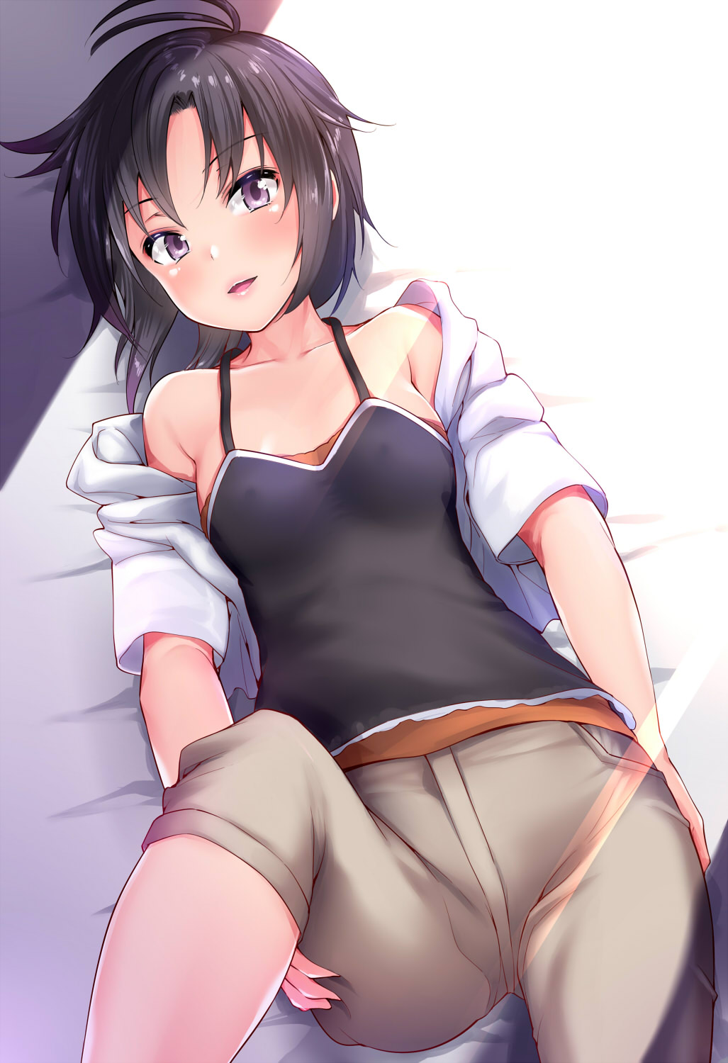 1girl amasora_taichi antenna_hair bangs bare_shoulders bed_sheet black_camisole black_hair breasts brown_shorts camisole collarbone commentary_request dutch_angle erect_nipples eyebrows_visible_through_hair highres idolmaster idolmaster_(classic) jacket kikuchi_makoto knee_up long_hair looking_at_viewer lying on_back open_clothes open_jacket parted_bangs parted_lips short_sleeves shorts small_breasts solo violet_eyes white_jacket