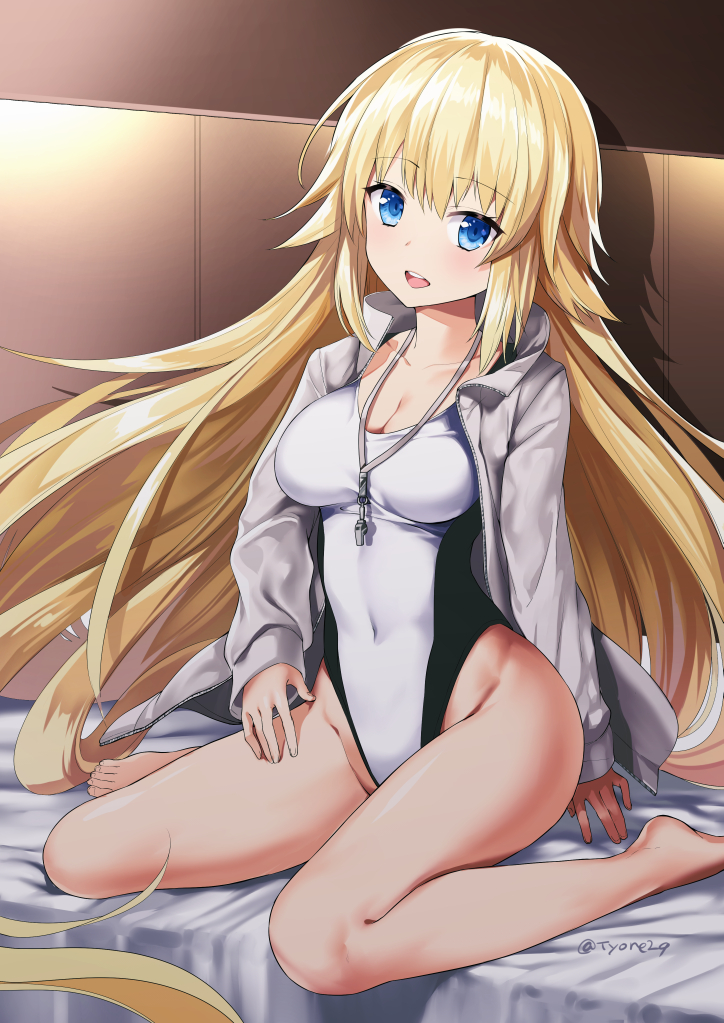 1girl :d bangs bare_legs barefoot blonde_hair blue_eyes blush breasts cleavage commentary_request covered_navel eyebrows_visible_through_hair fate_(series) fingernails grey_jacket hair_between_eyes head_tilt indoors jacket jeanne_d'arc_(fate)_(all) jeanne_d'arc_(swimsuit_archer) long_hair long_sleeves medium_breasts one-piece_swimsuit open_clothes open_jacket open_mouth round_teeth sitting sleeves_past_wrists smile solo swimsuit teeth tyone upper_teeth very_long_hair wariza white_swimsuit
