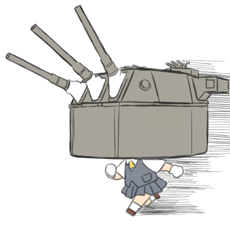 1girl big_head blew_andwhite brown_footwear cannon character_request chibi clenched_hands commentary_request flat_color full_body graphite_(medium) grey_skirt kantai_collection miniskirt running short_sleeves simple_background skirt solo speed_lines traditional_media turret white_background white_legwear