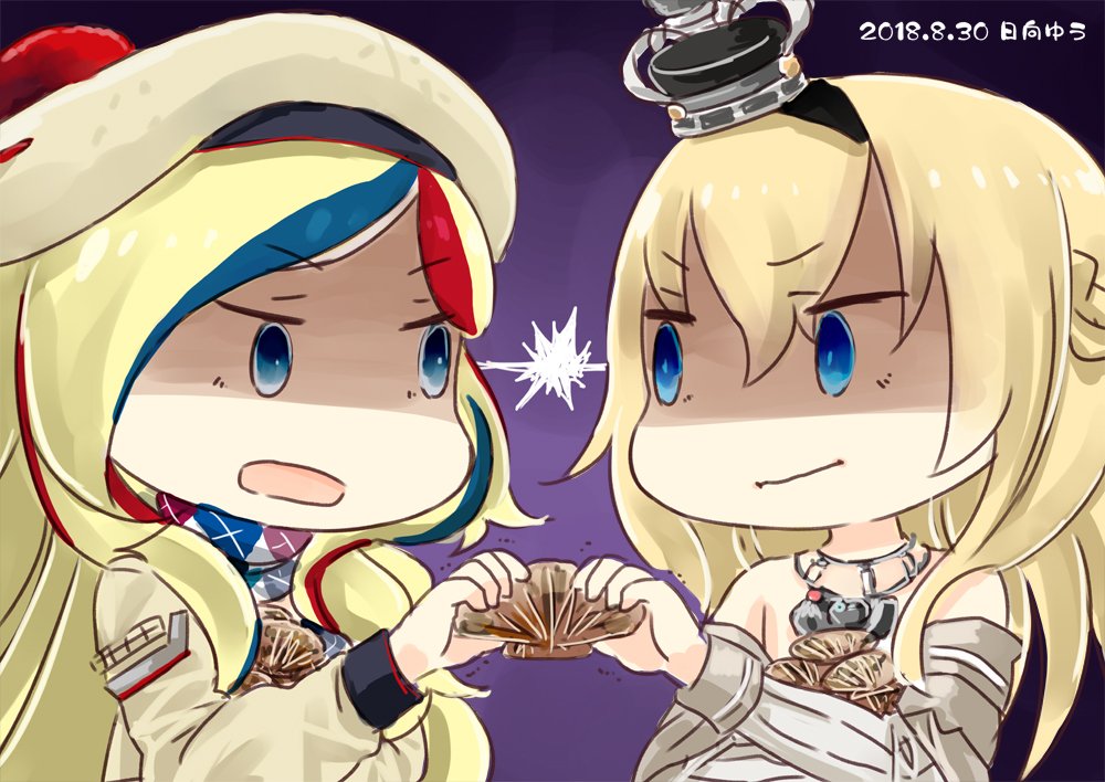 2girls artist_logo beret blonde_hair blue_eyes blue_hair braid commandant_teste_(kantai_collection) commentary_request crown dated double-breasted dress flower french_braid gradient gradient_background hat hinata_yuu jewelry kantai_collection long_hair long_sleeves mini_crown multicolored multicolored_clothes multicolored_hair multicolored_scarf multiple_girls necklace off-shoulder_dress off_shoulder plaid plaid_scarf pom_pom_(clothes) purple_background red_flower red_ribbon red_rose redhead ribbon rose scallop scarf shaded_face shell staring streaked_hair upper_body warspite_(kantai_collection) white_dress white_hair