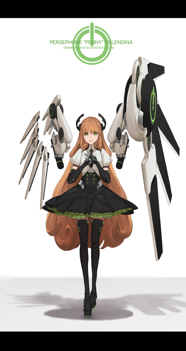 1girl android black_footwear black_legwear breasts commentary crown dishwasher1910 english_commentary flat_chest full_body green_eyes highres long_hair looking_at_viewer mechanical_arm mechanical_wings orange_hair penny_polendina rwby shadow solo title very_long_hair white_background wings