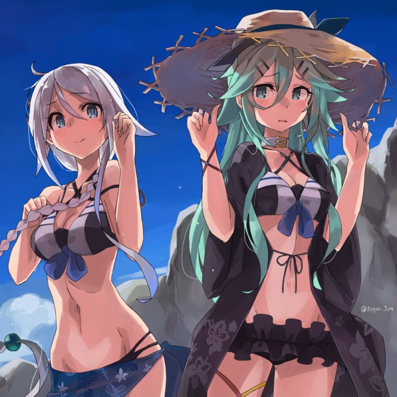 2girls adapted_costume bangs bikini black_bikini black_ribbon black_robe blue_eyes blue_sarong blue_sky braid breasts clouds day floral_print frilled_bikini_bottom front-tie_top green_eyes green_hair hair_between_eyes hair_ornament hair_ribbon hair_tie hairclip hat kantai_collection long_hair looking_at_viewer medium_breasts mole mole_under_eye multiple_girls outdoors parted_bangs ponytail ribbon robe rock sarong sidelocks silver_hair single_braid sky standing straw_hat sugue_tettou sun_hat swimsuit umikaze_(kantai_collection) very_long_hair yamakaze_(kantai_collection)