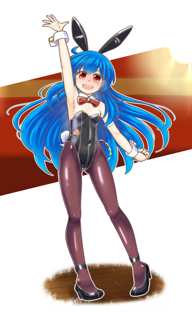 1girl animal_ears arm_up black_footwear black_legwear black_leotard blue_hair bow bowtie bunny_girl bunny_tail bunnysuit covered_navel detached_collar flat_chest full_body hinanawi_tenshi leotard long_hair mail_(mail_gell) pantyhose rabbit_ears red_eyes red_neckwear solo strapless strapless_leotard tail touhou wrist_cuffs