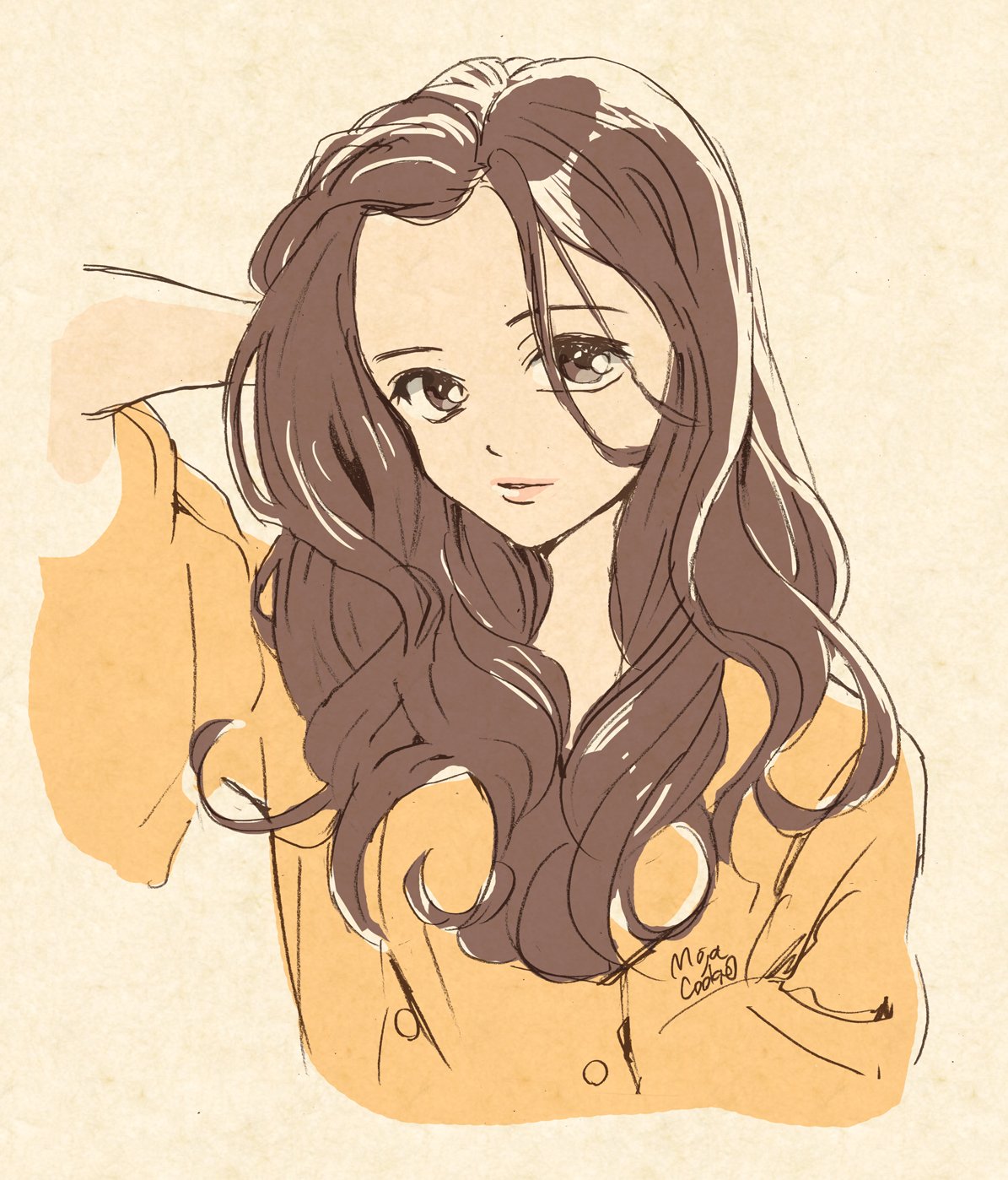 1girl beige_background brown_eyes brown_hair derivative_work hand_behind_head highres long_hair looking_at_viewer mojacookie original parted_lips portrait real_life shirt signature smile solo upper_body wide_sleeves yellow_shirt