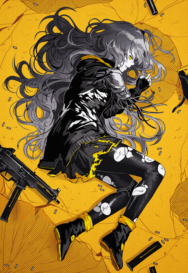 1girl bangs boots cable damaged exoskeleton fingerless_gloves girls_frontline gloves gun h&amp;k_ump h&amp;k_ump45 hair_between_eyes heckler_&amp;_koch hood hood_down hooded_jacket jacket limited_palette long_hair looking_at_viewer lying missing_limb on_side one_side_up pantyhose pouch scar scar_across_eye silence_girl skirt smile submachine_gun surpressor torn_clothes ump45_(girls_frontline) weapon yellow_eyes