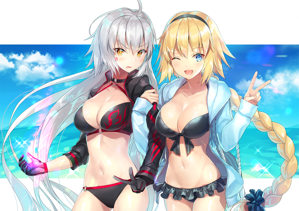 2girls ;d ahoge anger_vein bikini black_bikini black_choker black_gloves black_jacket blonde_hair blue_eyes blue_jacket blue_scrunchie blue_sky braid breasts brown_eyes choker cleavage clouds collarbone commentary_request day fate/grand_order fate_(series) fingernails front-tie_bikini front-tie_top gloves hair_ornament hair_scrunchie hands_up hood hood_down hooded_jacket horizon jacket jeanne_d'arc_(alter_swimsuit_berserker) jeanne_d'arc_(fate)_(all) jeanne_d'arc_(swimsuit_archer) kagachi_saku large_breasts locked_arms long_hair long_sleeves multiple_girls o-ring o-ring_bikini o-ring_bottom o-ring_top ocean one_eye_closed open_clothes open_jacket open_mouth parted_lips scrunchie silver_hair single_braid sky sleeves_past_wrists smile swimsuit v v-shaped_eyebrows very_long_hair water