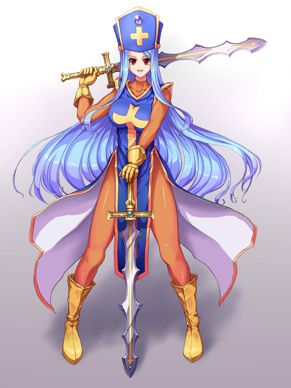 1girl blue_hair bodysuit boots breasts cross dragon_quest dragon_quest_iii dual_wielding full_body gloves highres holding holding_sword holding_weapon large_breasts long_hair looking_at_viewer mitre orange_bodysuit priest_(dq3) raochuu red_eyes smile solo sword tabard weapon