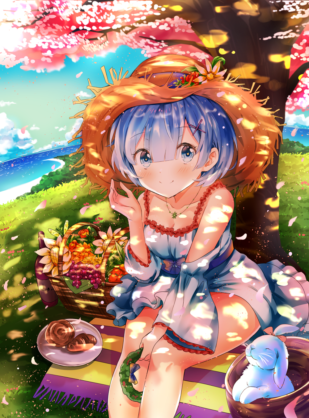 1girl animal bangs bare_shoulders blue_dress blue_eyes blue_hair blue_sky blush bread cherry_tomato closed_mouth clouds collarbone commentary_request day detached_sleeves dress eyebrows_visible_through_hair flower food fruit grapes grass hair_between_eyes hair_ornament hairclip hat hat_flower highres holding horizon long_sleeves looking_at_viewer melynx_(user_aot2846) ocean orange_flower outdoors petals plate rabbit re:zero_kara_hajimeru_isekai_seikatsu rem_(re:zero) short_hair sitting sky sleeveless sleeveless_dress smile solo straw_hat tree water white_flower wide_sleeves x_hair_ornament yellow_flower