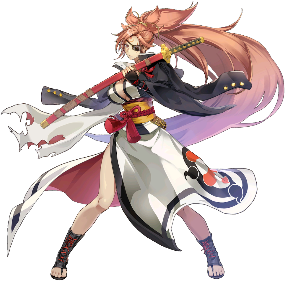 arc_system_works artist_request baiken black_jacket breasts brown_eyes epic7 eyepatch facial_mark guilty_gear guilty_gear_xrd jacket official_art open_toe_shoes pink_hair ponytail samurai sword torn_clothes weapon