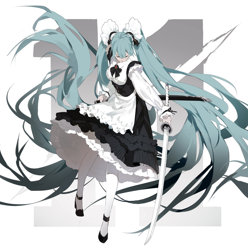 1girl absurdly_long_hair black_footwear black_skirt breasts center_frills closed_eyes closed_mouth collared_shirt facing_viewer frills full_body green_hair hatsune_miku holding holding_sword holding_weapon katana long_hair long_sleeves medium_breasts nine_(liuyuhao1992) pantyhose puffy_long_sleeves puffy_sleeves shirt shoes skirt sleeves_past_wrists solo sword twintails underbust very_long_hair vocaloid weapon white_background white_legwear white_shirt