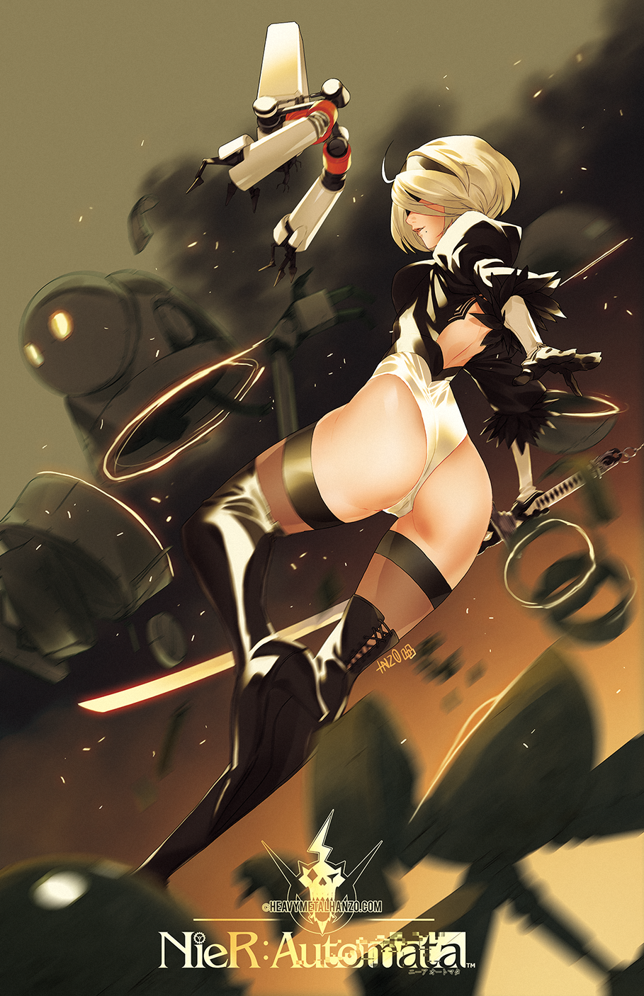 1girl ass back_cutout battle black_blindfold black_hairband blindfold boots breasts covered_eyes drone explosion feather-trimmed_sleeves grey_hair hairband high_heel_boots high_heels highleg highleg_leotard highres juliet_sleeves katana leather leather_boots leotard long_sleeves medium_breasts metalhanzo mole mole_under_mouth nier_(series) nier_automata pink_lips pod_(nier_automata) puffy_sleeves robot short_hair solo_focus sword thigh-highs thigh_boots thighhighs_under_boots vambraces virtuous_contract weapon white_leotard yorha_no._2_type_b